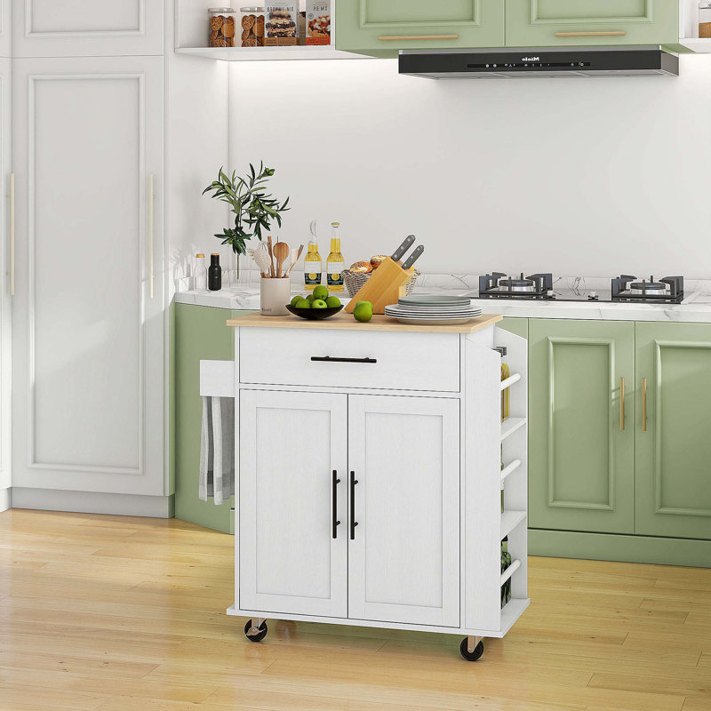 Îlot de cuisine avec rangement, chariot de cuisine roulant avec prises CA et ports USB, White