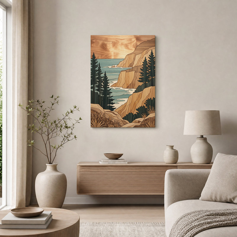 Tableau sur toile à texture de bois représentant des falaises côtières et des pins, H 48 po x l 32 po