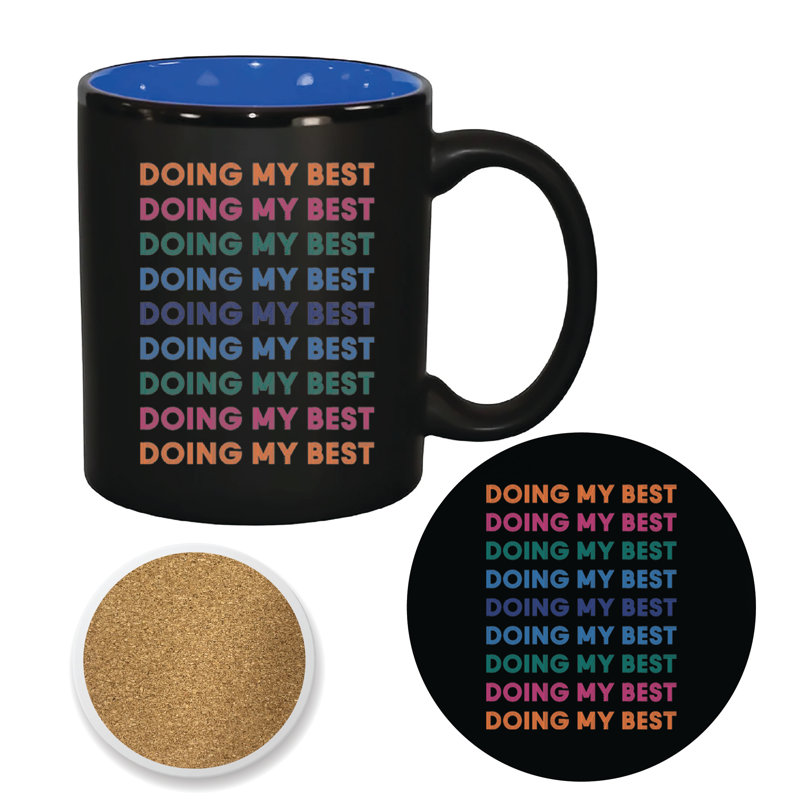 Ensemble de grandes tasses et sous-verres 11 oz Retro Words IV