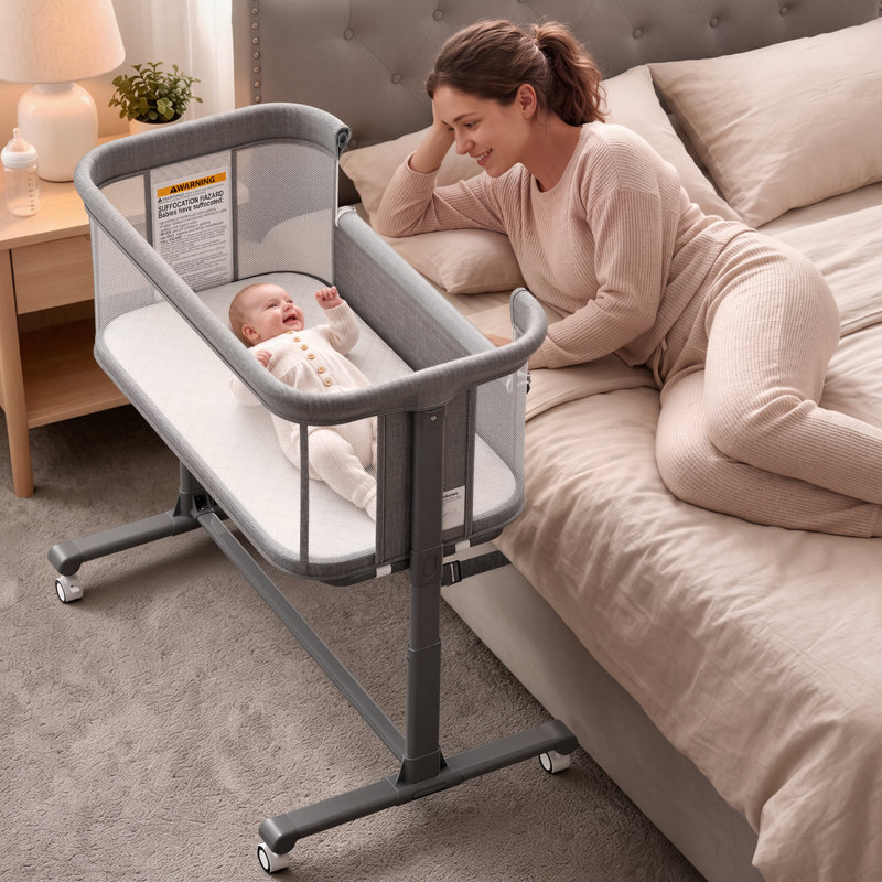 Baby Bassinet 2 in 1 Bedside Sleeper,Folding Portable w/Storage Basket, Gray