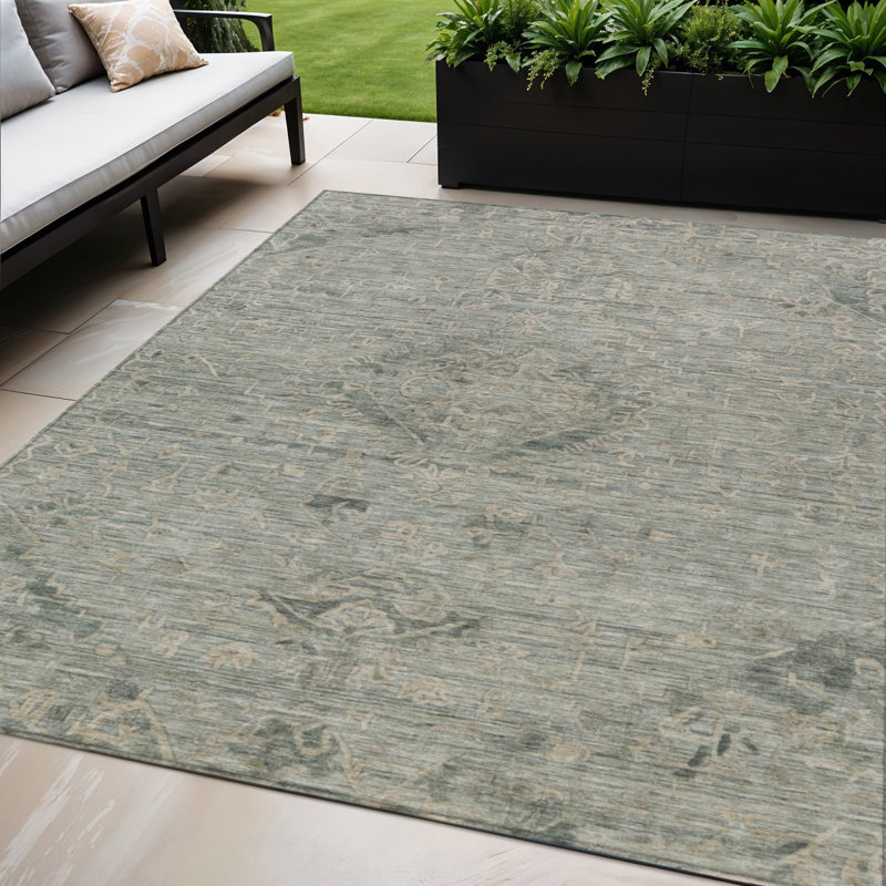 Tapis extérieur lavable floral à motif sauge et beige 5 pi x 8 pi