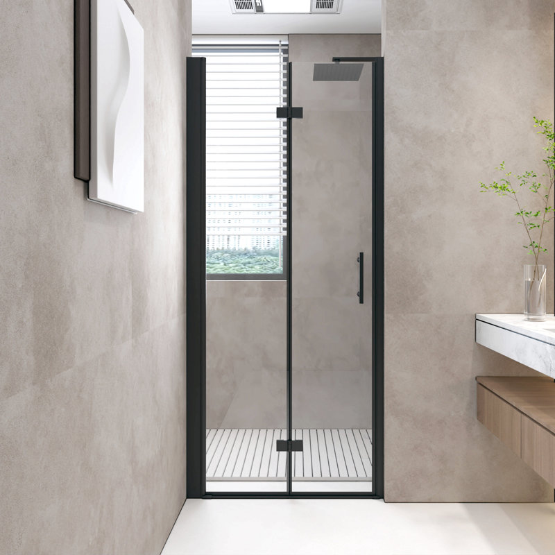 Bifold Shower Door, 1/4"(6Mm) Tempered Glass, Matte Black Aluminum Frame, Explosion Proof Film