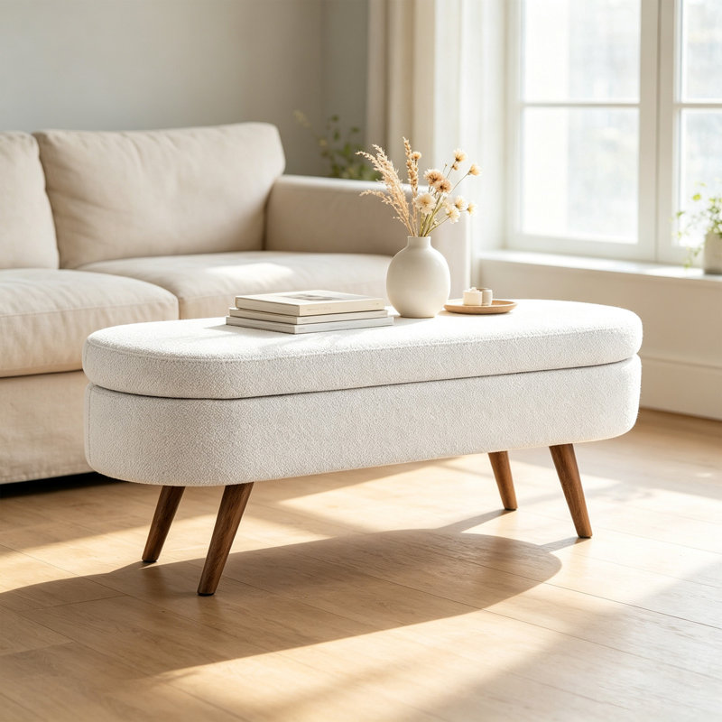 Banc de rangement ovale avec repose-pieds en bois d'hévéa, Lin blanc Fbaric