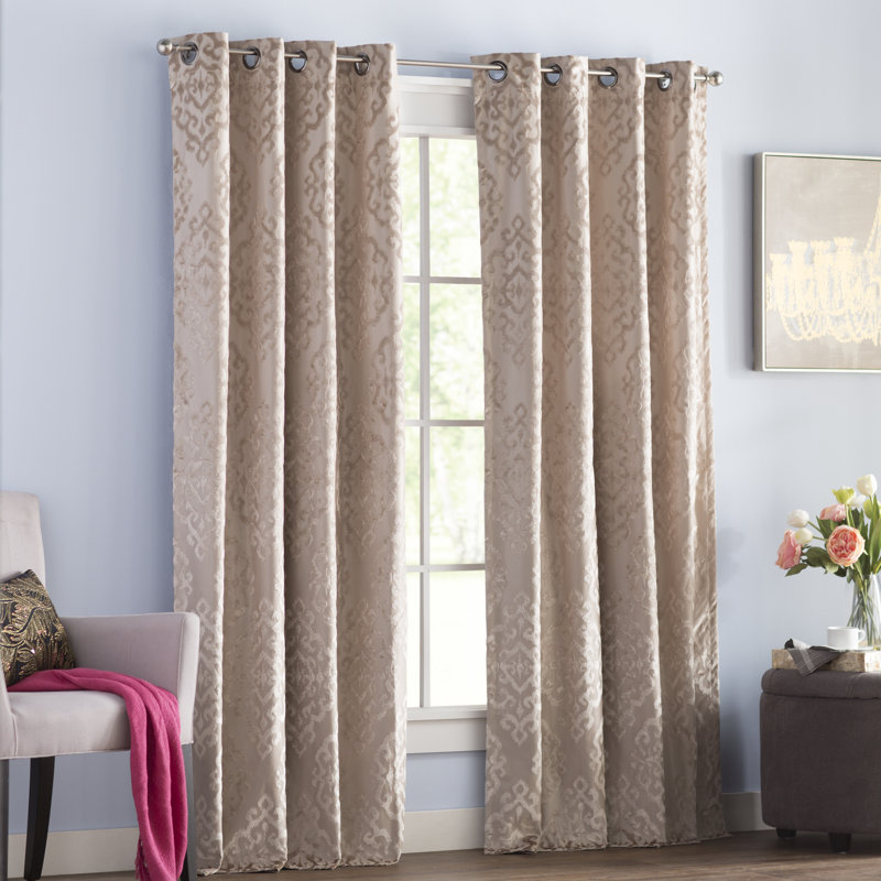 Champagne Jacquard Damask Blackout Grommet Top Drapes, 50 x 108 in
