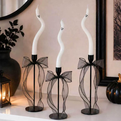 Lot de 3 bougies fantômes torsadées avec supports et rubans, centres de table d'intérieur pour l'Halloween, décoration de foyer et de fête