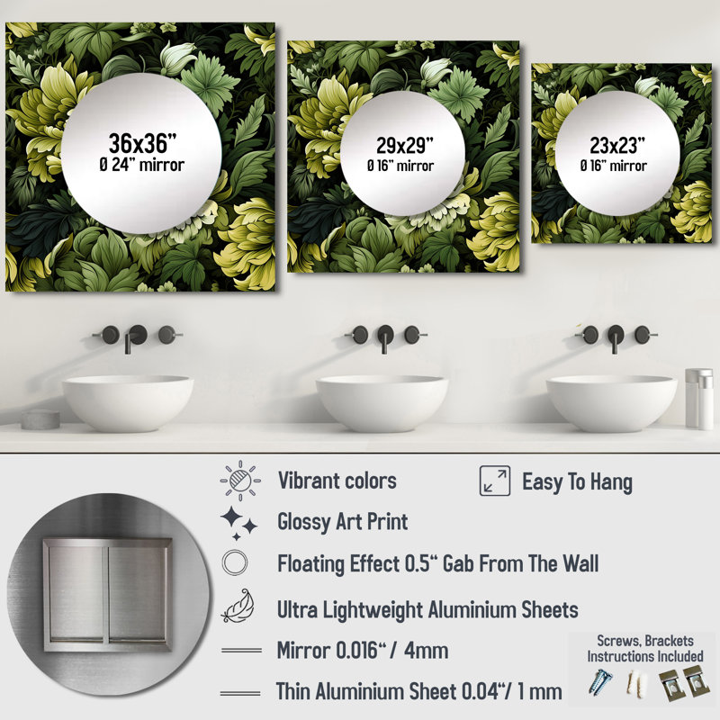 Art mural miroir tropical tropical vert jungle damassé, 29 po x 29 po