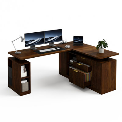 Bureau pour ordinateur debout en L 68,9 "avec prises de courant, bureau d'ordinateur avec tiroirs et tablettes de rangement, noyer