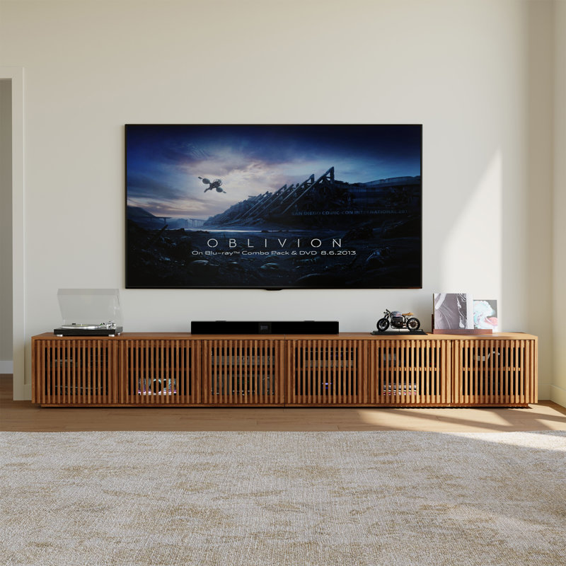 Meuble télé Hiramani Mid-Century moderne, entièrement assemblé, H 16,54 po x l 118,11 po x P 15,75 po, Brun