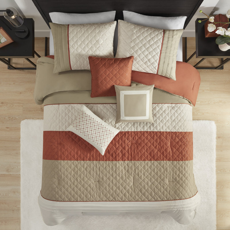 Jenson Spice Color Block Stripe 7-Piece Cal King Comforter Set with Throw Pillows, Spice