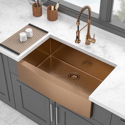 30 - Inch Rose Gold Apron Front Single Bowl Sink, T304 Stainless Steel 16 Gauge, Physical Scratching, Silent Operation, With Dish Grid And Drain Assembly Kitchen Pot Bump,