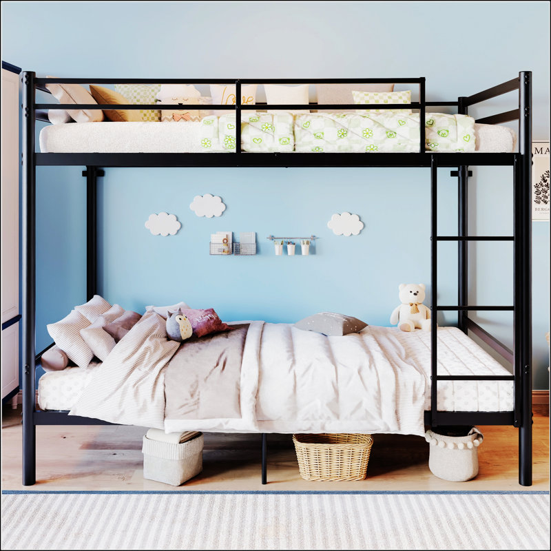 Lit superposé avec échelle et garde-corps haut, lit superposé en métal, espace de rangement, silencieux, lit simple au-dessus d'un lit simple, noir