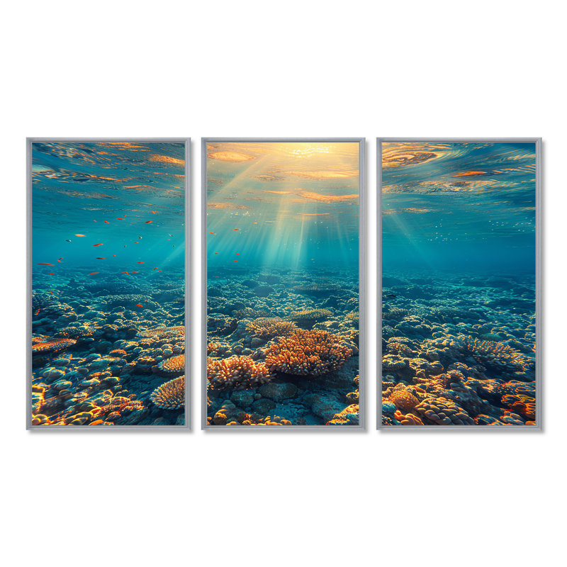 Rinaldi - Ensemble d'art mural corail sous l'eau, Encadrement argenté, H 40 po x l 60 po x P 1 po