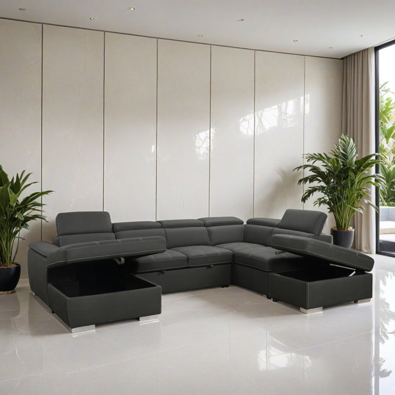 128.01" U Shaped Sleeper Sectional Sofa Bed, Modular Sofa 7 Seater Couch with Storage Seat, Gray Polyester