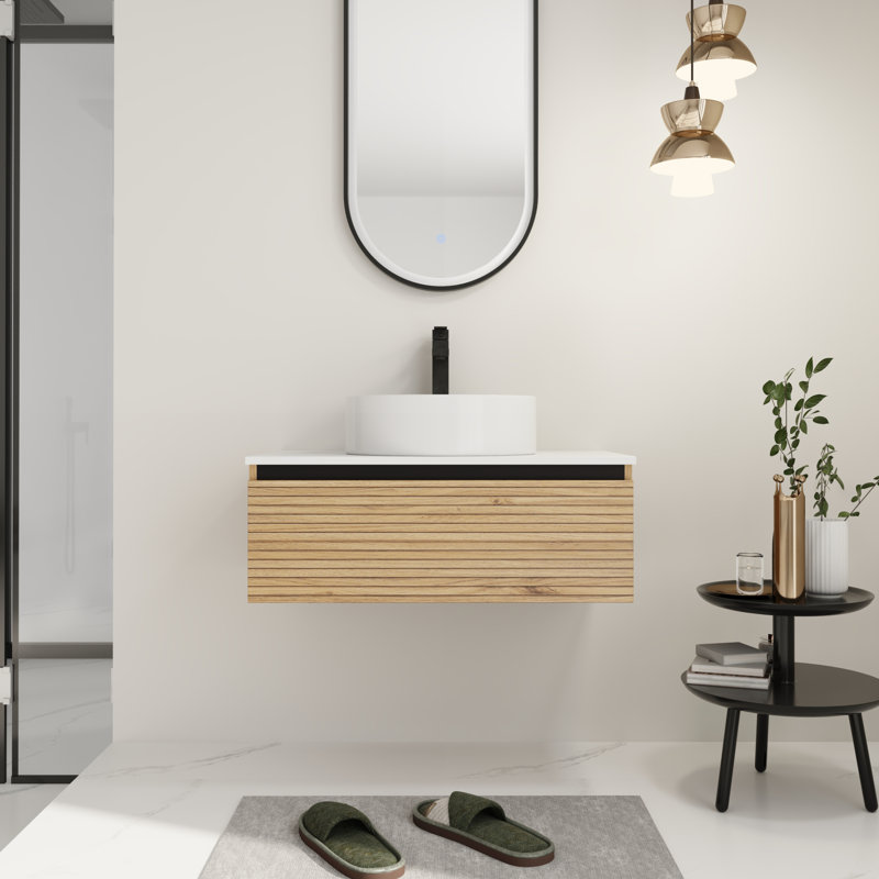 Meuble-lavabo mural moderne avec lavabo, finition café clair, conception compacte