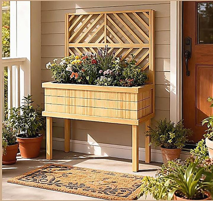 Lit de jardin surélevé auto-drainant, jardinière en bois surélevée avec treillis pour plantes grimpantes, avec pieds et trous de drainage