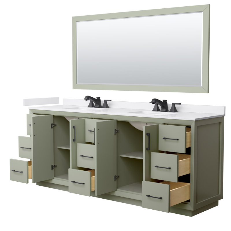 Meuble-lavabo double autoportant 84 po avec plateau en marbre Strada, Vert, H 35 po x l 84 po x P 32 po, Noir mat