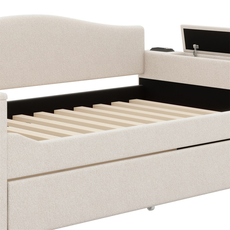 Lit de jour rembourré avec accoudoirs de rangement, lit gigogne et dernier système audio Bluetooth intégré., Beige