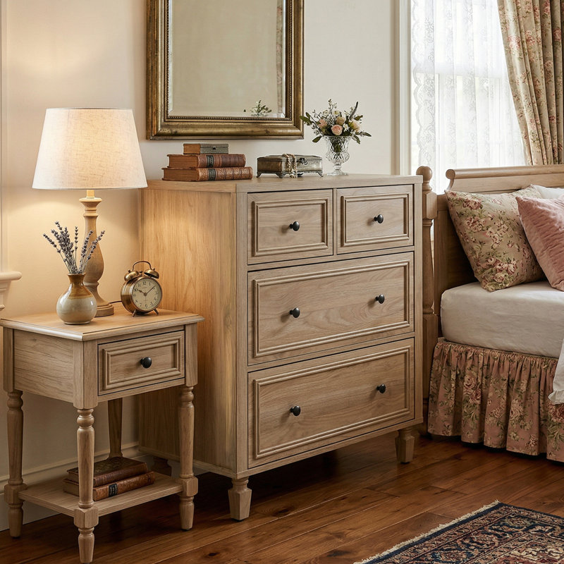 4 Drawers Retro Dresser Tall Storage Chest with Handles with for Bedroom and Living Room, Light Oak