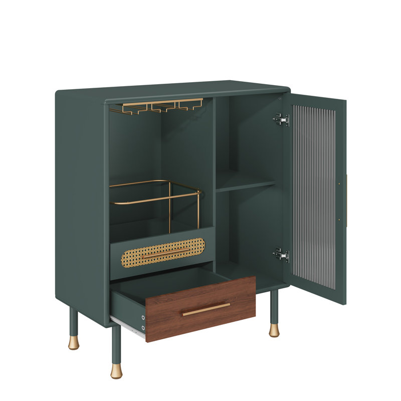 Modern Coffee Bar Cabinet with Wine Glass Rack and Storage Drawer, Green