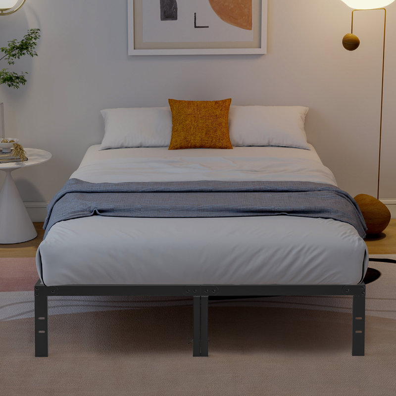 Base de lit - sommier plateforme en métal avec sommier à lattes en acier, aucun sommier nécessaire, espace de rangement sous le cadre