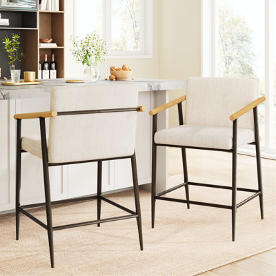 Mid - Century Modern Counter Stools In And Beige, 2 Piece , Metal Frame For Durability, Soft Cushions, Natural Wood , 300 Lbs Capacity, Easy To Install
