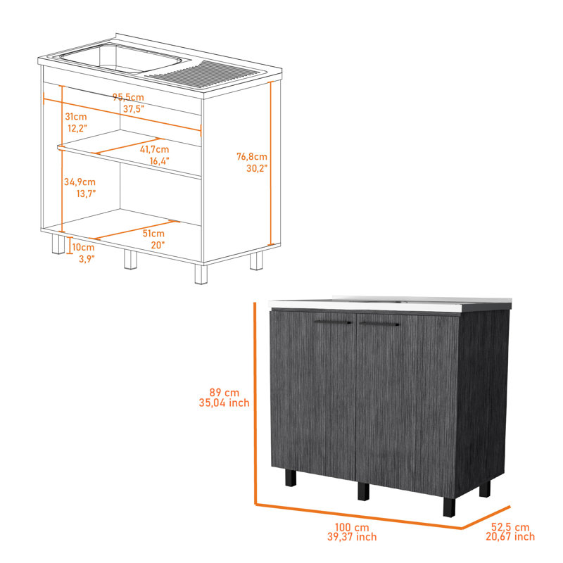 2 éviers utilitaires et une armoire - comptoir en aluminium, poignées pour un accès facile, Gris