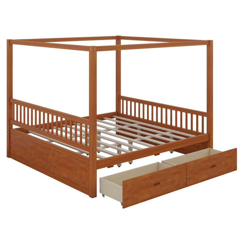 Très grand lit à baldaquin en bois avec tiroirs de rangement, lit plateforme à baldaquin avec support à lattes en bois, Noyer