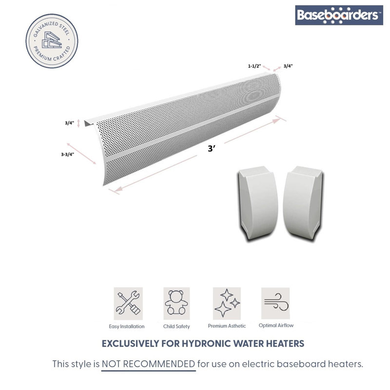 Baseboarders Elliptus Galvanized Steel Easy Slip-on Baseboard Heater Cover Set - White | Heater Cover and Endcaps Included