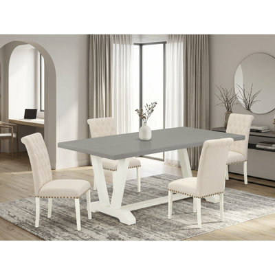 Ensemble de salle à manger 5 pièces composé d'une table de cuisine en ciment et de 4 chaises rembourrées en tissu de lin beige clair avec dossier capitonné - Lin brossé blanc