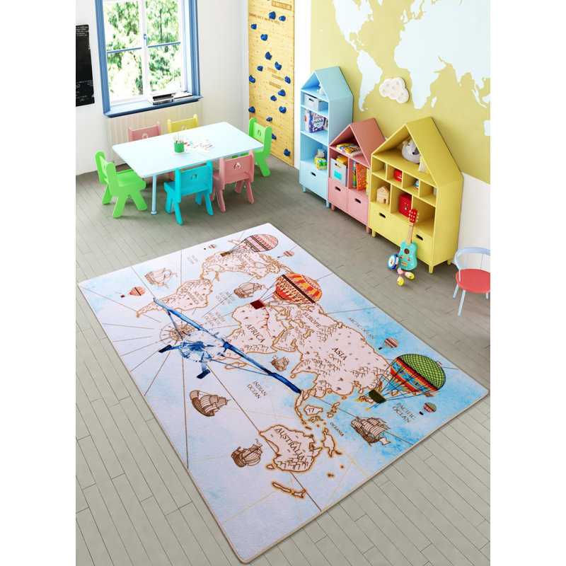 Tapis rectangulaire bleu / gris / brun en polyamide touffeté à la machine Arya, Rectangle 6 pi 7 po x 9 pi 6 po
