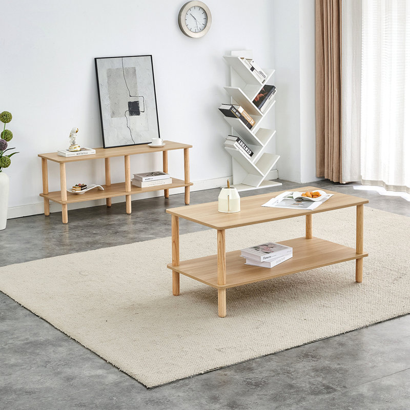 Modern 2-Tier TV Stand For Living Room Furniture,Rectangular Centre Table With Open Storage Shelf,Rounded Rubberwood Legs,Stable And Durable,Easy Assembly