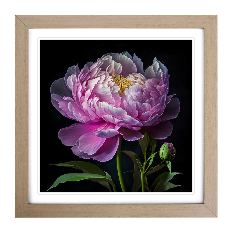 Peony Flower Floral Art - Single Picture Frame Print on Wood, Oak