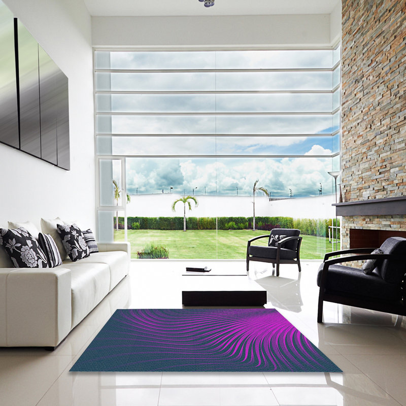 Laine tissée à la machine abstraite et rose polyester/bleu marine Tapis décoratif, Carré 5 pi
