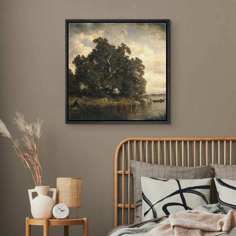 Peinture rétro de paysage de campagne avec des arbres luxuriants et des illustrations de nature zen sereine encadrée sur toile