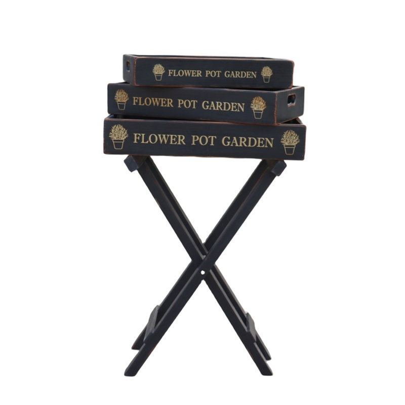 Set Of 3 Brown Garden Flower Trays On Stand, Black
