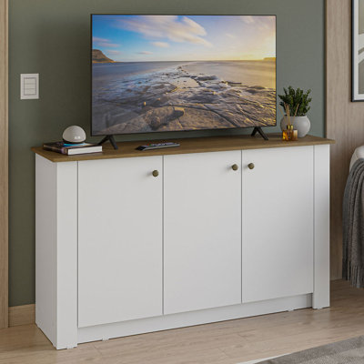 TV Stand & Storage Cabinet with 3 Doors Pantry Storage for Media Devices Remotes Decor White by Latitude Run