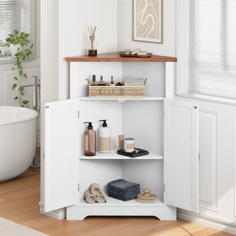 Free Standing Triangle Bathroom Storage Cabinet with Doors & Adjustable Shelves, Home Organizer For Kitchen & Living Room,White