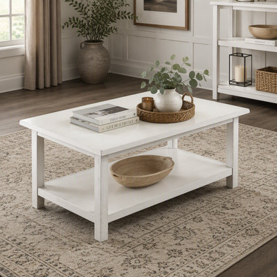 Rustic Coffee Table with Distressed White Finish and Lower Shelf