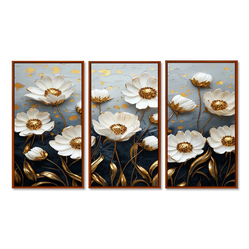 «White Gold Cornflowers Meadow Charm I», ensemble d'art mural, Toile avec cadre flottant brun, H 40 po x l 60 po x P 1 po