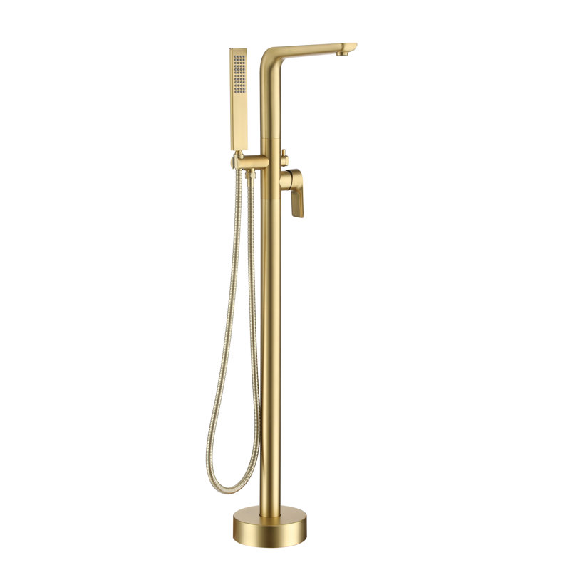Robinet de baignoire à une poignée et fixation au sol avec douche à main, Or brossé