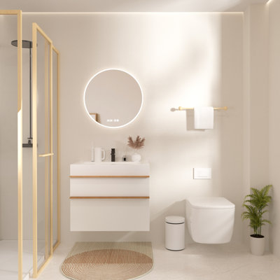 30 Inch White Bathroom Vanity, Wall Mounted, Pre-Assembled, Soft-Close Drawer Glides, Dual-Colour Real Wood Handles, Integrated High-Grade Acrylic Sink, Built-In Storage Dividers Solid Drawers,