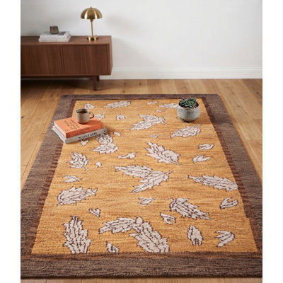 Tapis d'intérieur doré doré en laine à motif floral noué à la main