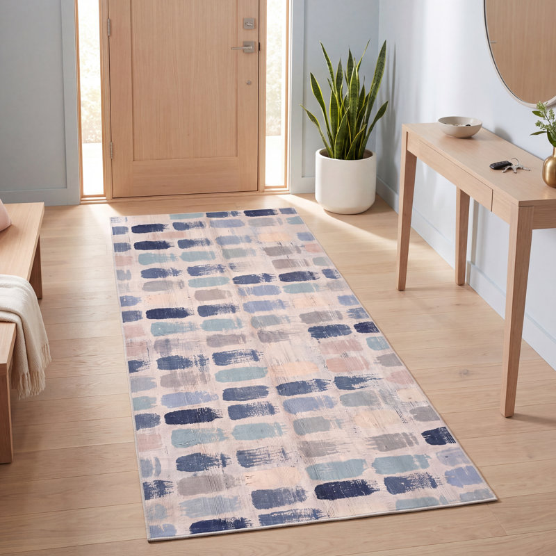 Tapis Clover moderne à rayures effet pinceau, bleu marine, turquoise, gris, crème et rose, lavable à la machine, antidérapant, à poils courts, pour l'intérieur et l'extérieur, adapté aux animaux domestiques, idéal pour le salon, la chambre, la salle à manger, l'entrée, le couloir ou le bureau.