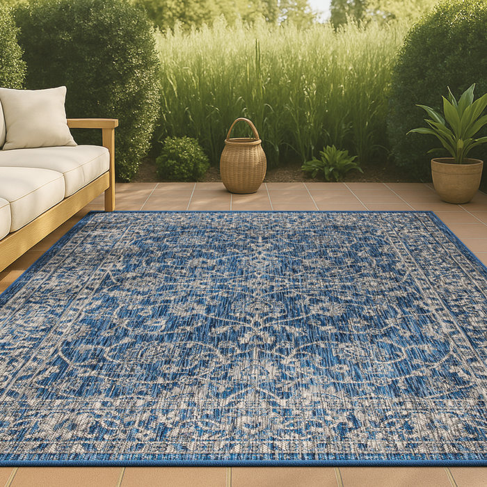 Charlton Home® Haupt Vine and Border Textured Weave Navy/Gray Indoor ...