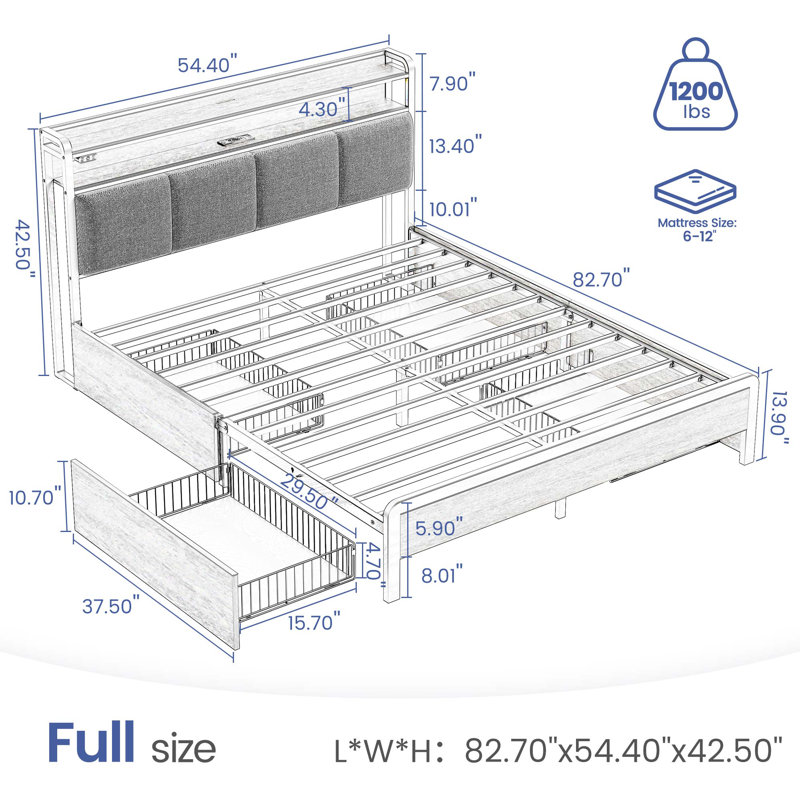 Bed with Headboard and Power Outlets, Upholstered bed with 4 Drawers and RGB LED Lights, Gray, Full/Double