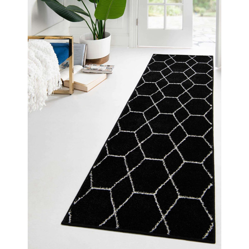 Tapis géométrique Debrodie, Tapis de couloir 2 pi x 8 pi 8 po, Noir
