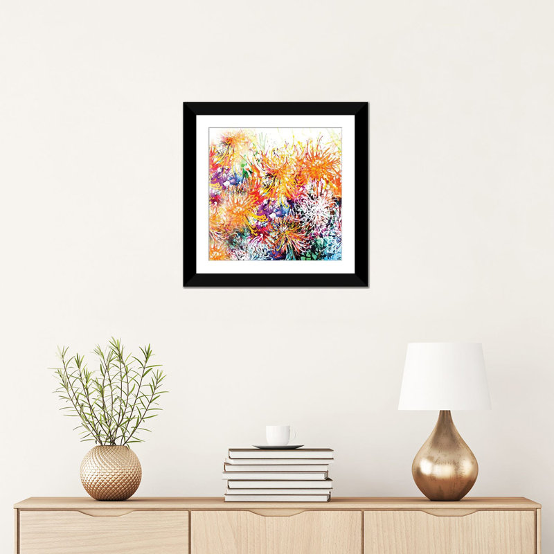 «Sunny Chrysanthemums», reproduction sur toile, H 16 po x l 16 po x P 1 po, Papier d'art encadré noir, Blanc