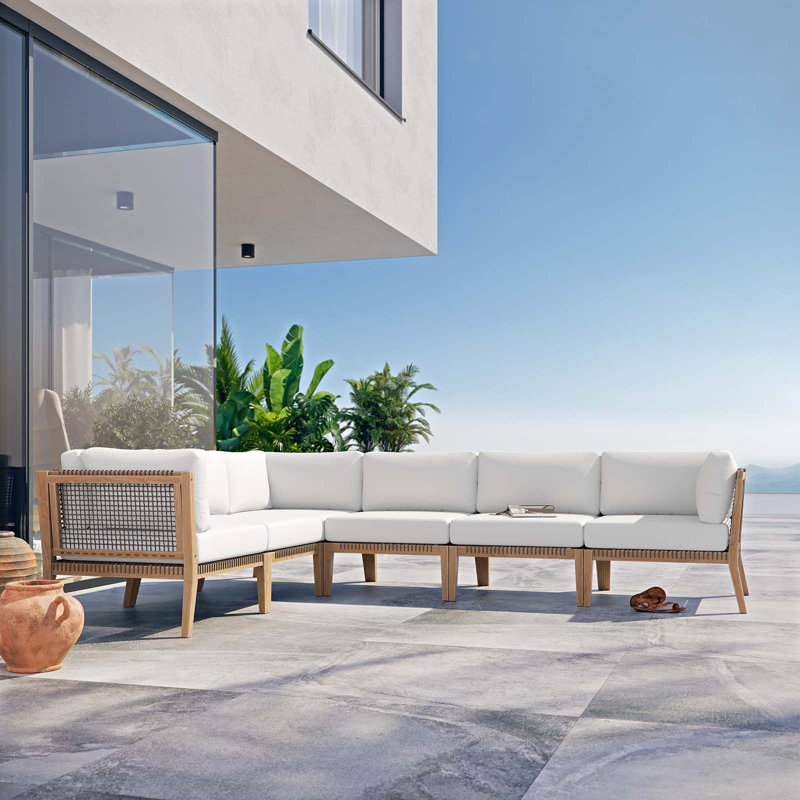 Modway Clearwater Outdoor Patio Teak Wood 6-Piece Sectional Sofa, White