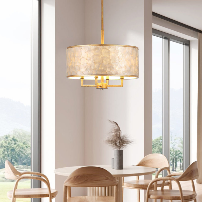 4-Light Natural Capiz Shell Drum Chandelier, Gold