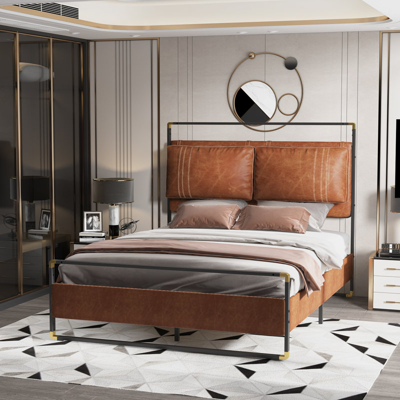 Vegan Leather Metal Canopy Bed, Queen, Brown